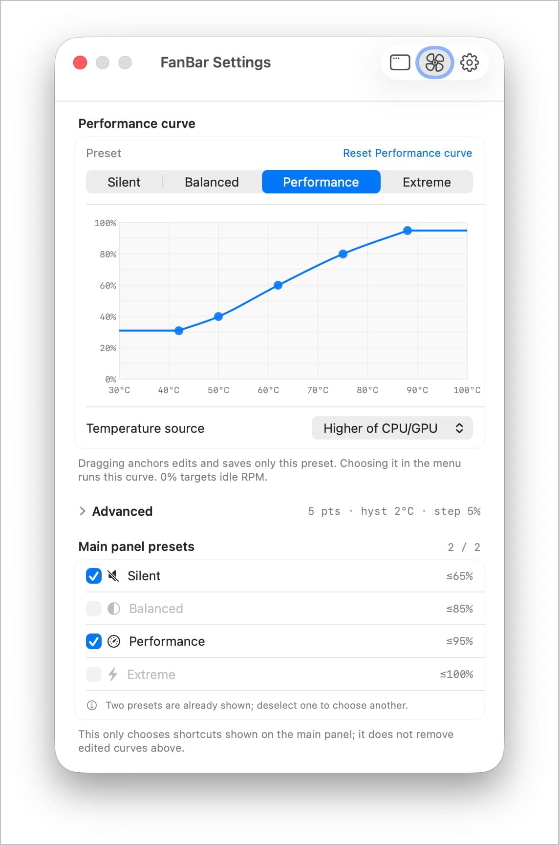 FanBar Performance curve settings with editable temperature anchors